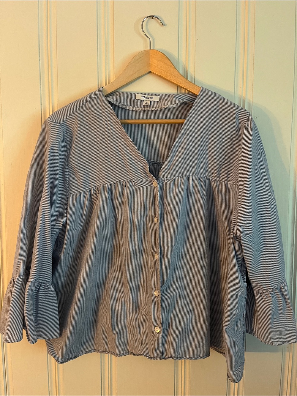 Madewell Light Blue Pinstripe Button-Front Peasant Top